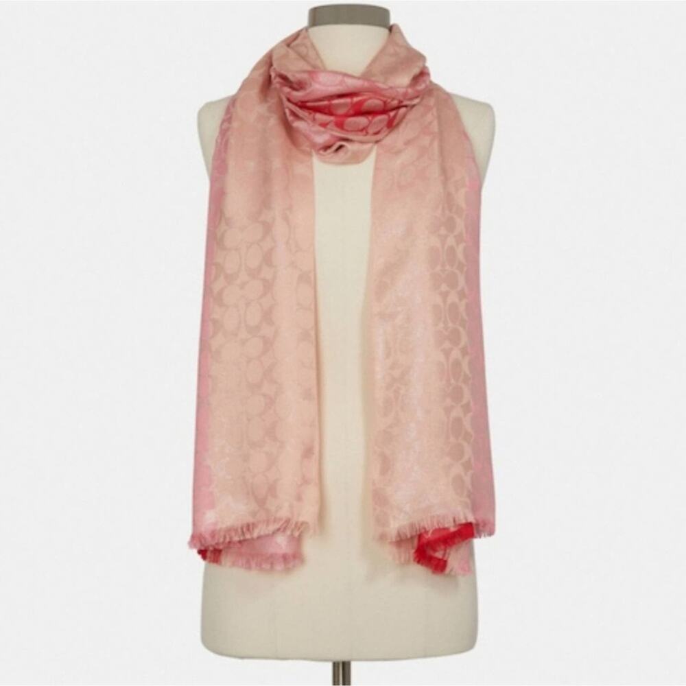 COACH OBLONG SCARF SIGNATURE STRIPE PRINT IN SHELL PINK